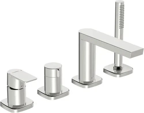 Vierteiliger Wasserhahn-Set von HANSA mit verschiedenen Armaturen in Chrom, bestehend aus einem Hauptgriff und einem Handbrausekopf für Wanne und Dusche.